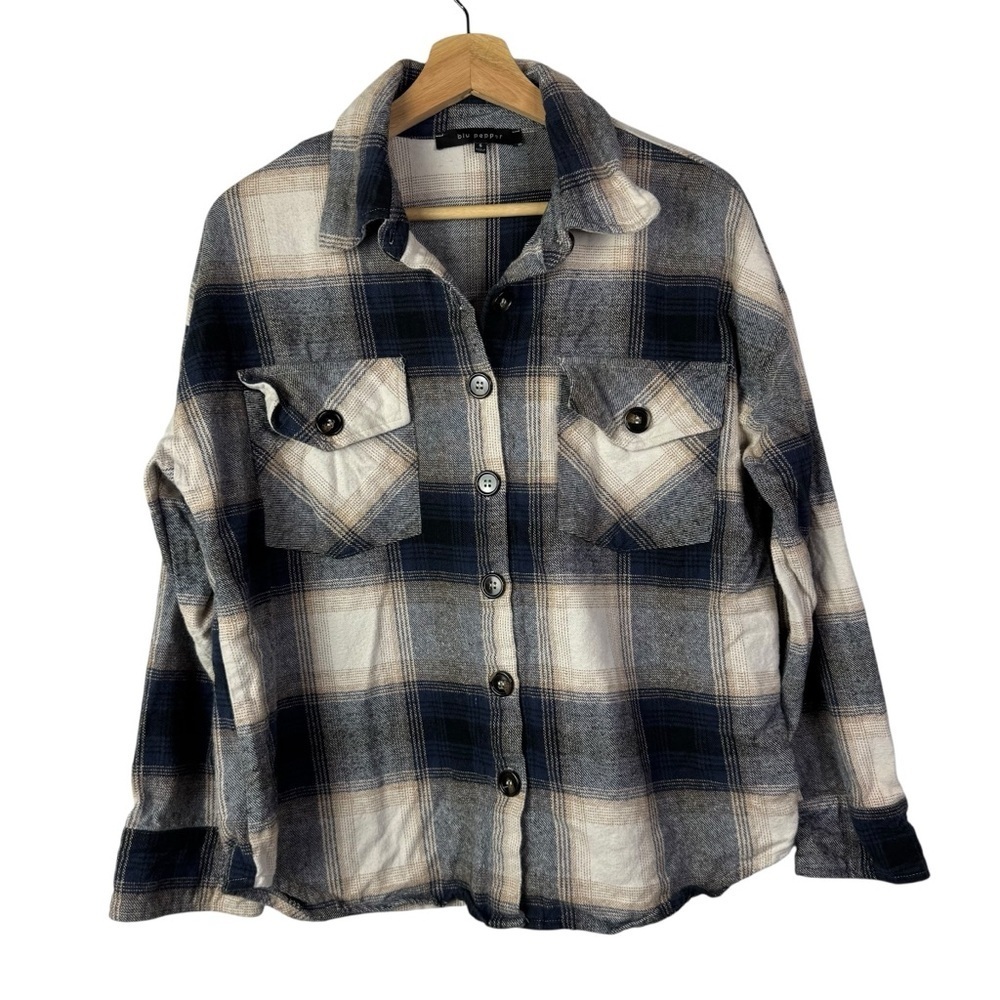 Blu Pepper Blue & White Plaid Cotton Button Down Flannel S